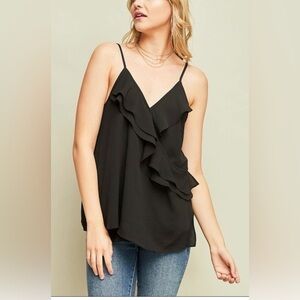 Entro Faux Wrap Ruffle Top in Black.  NWT M